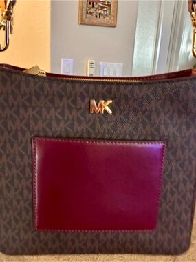 Michael Kors Brown Signature Shoulder Bag with Burgundy Front Pocket
